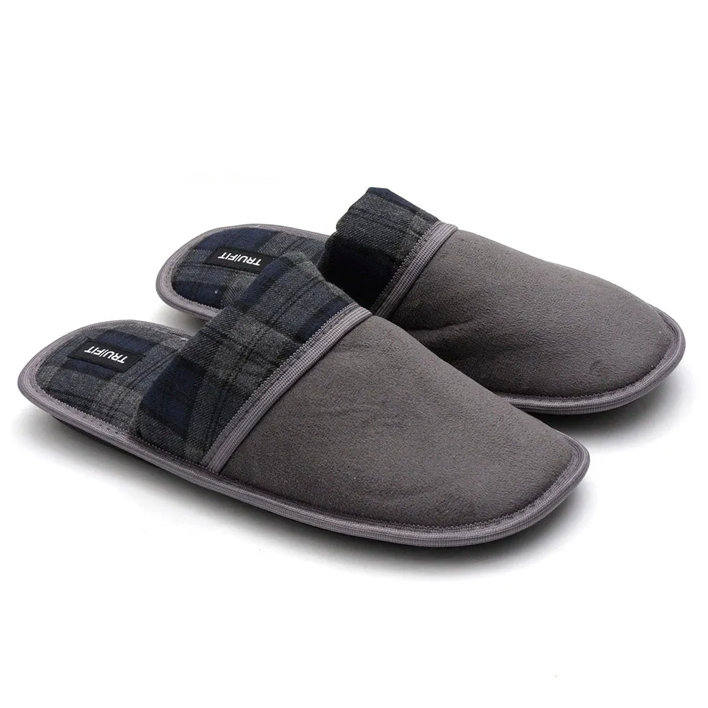Mens Plaid Slippers Slip On Fleece Lined Indoor Comfortable Micro Suede Shoes
