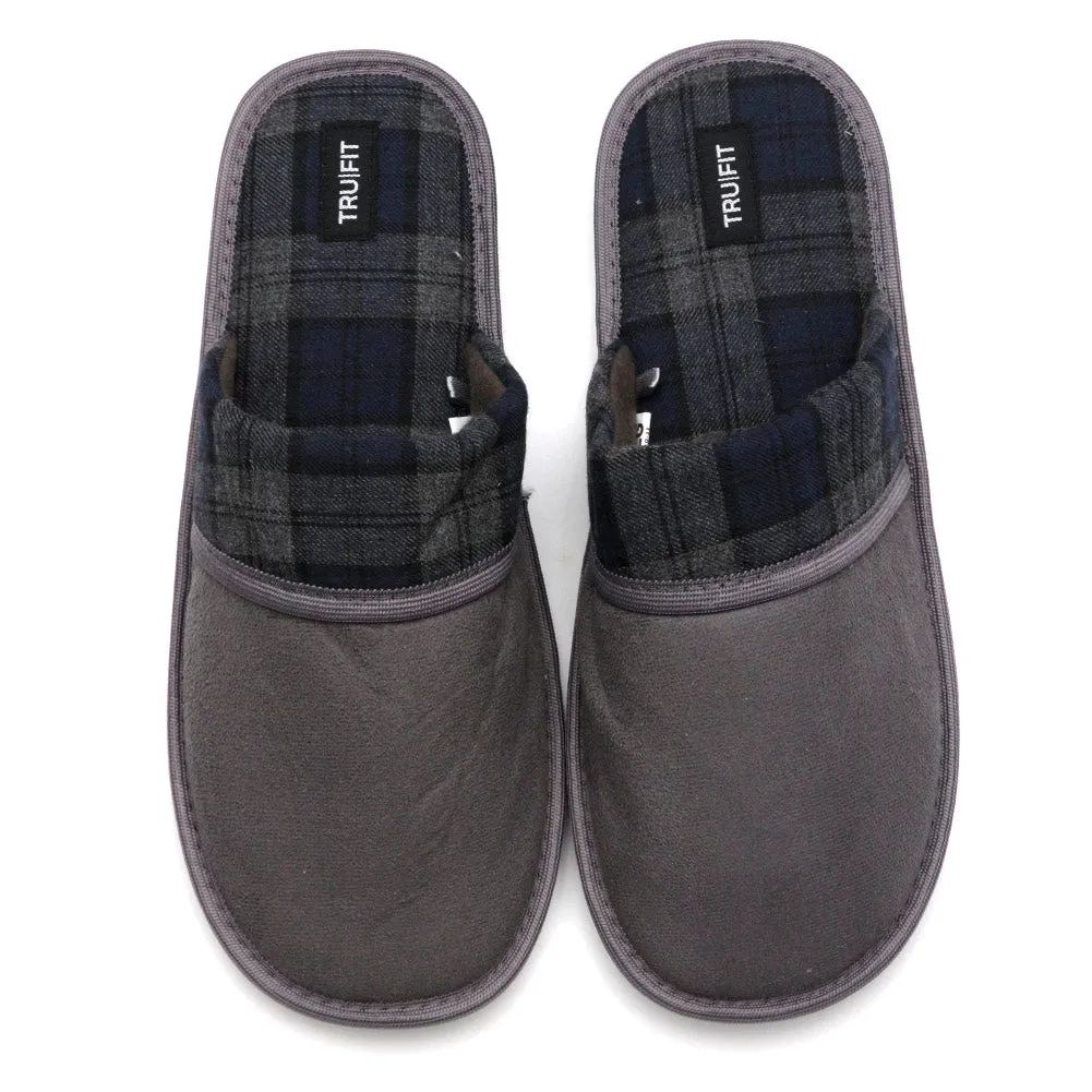 Mens Plaid Slippers Slip On Fleece Lined Indoor Comfortable Micro Suede Shoes