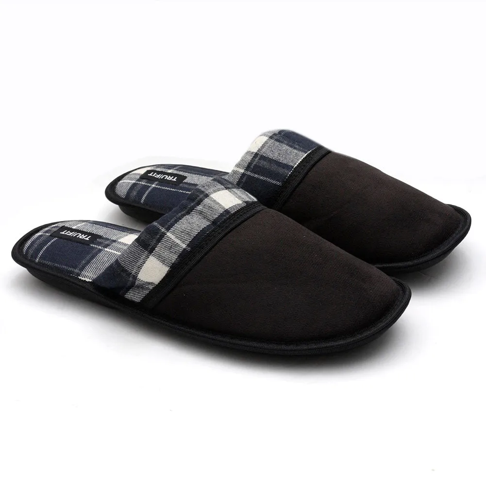 Mens Plaid Slippers Slip On Fleece Lined Indoor Comfortable Micro Suede Shoes