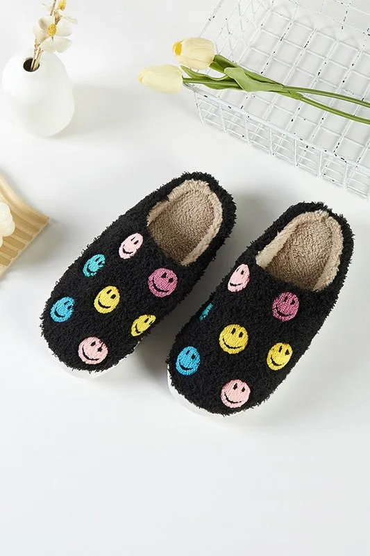 Smiley Face Fuzzy Fleece Soft Slipper - White or Black