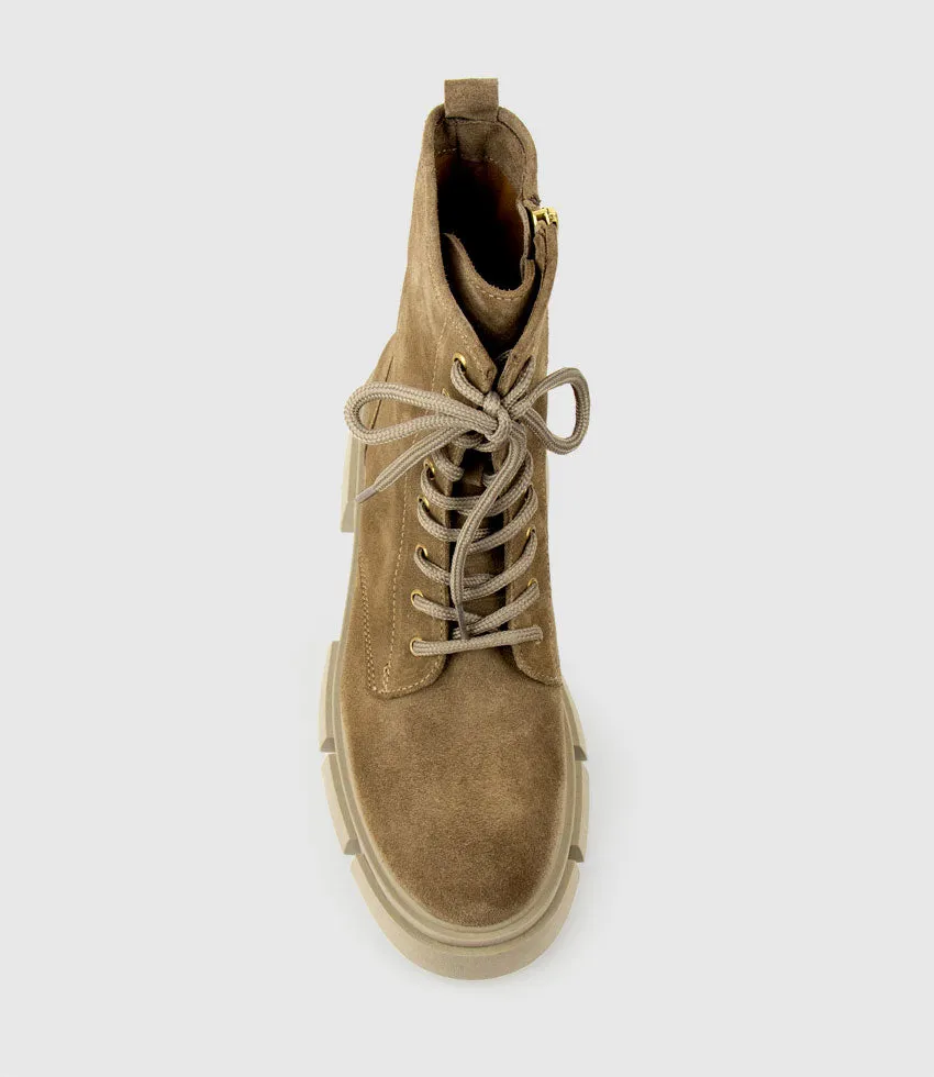 WOLFE Lace Up Boot on Chunky Sole in Beige Suede