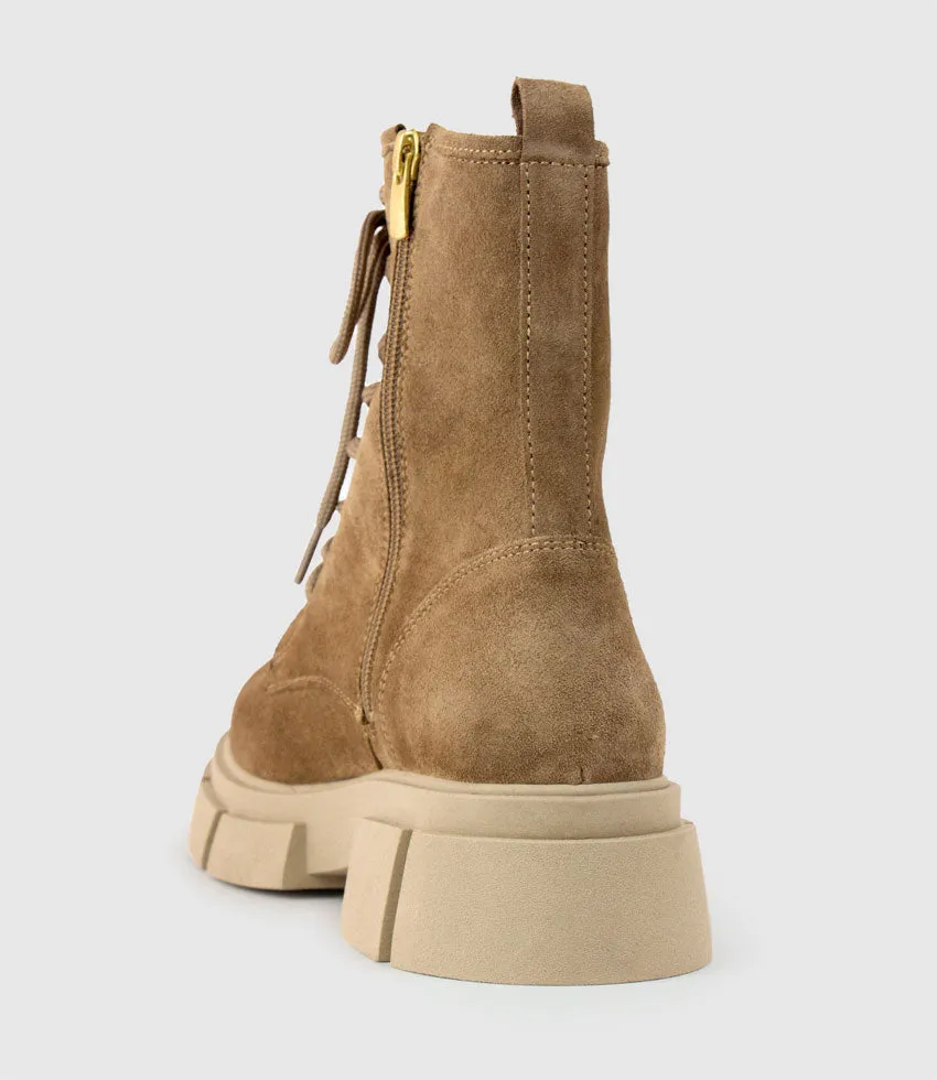 WOLFE Lace Up Boot on Chunky Sole in Beige Suede