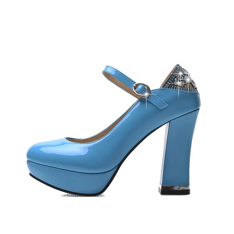 Women
 Glossy Round Toe Shallow Back Rhinestone Spool Heel Platform Pumps